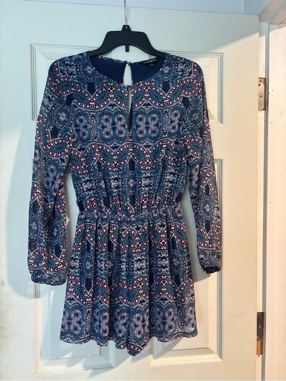 Express Navy & Pink Printed Long Sleeve Romper
